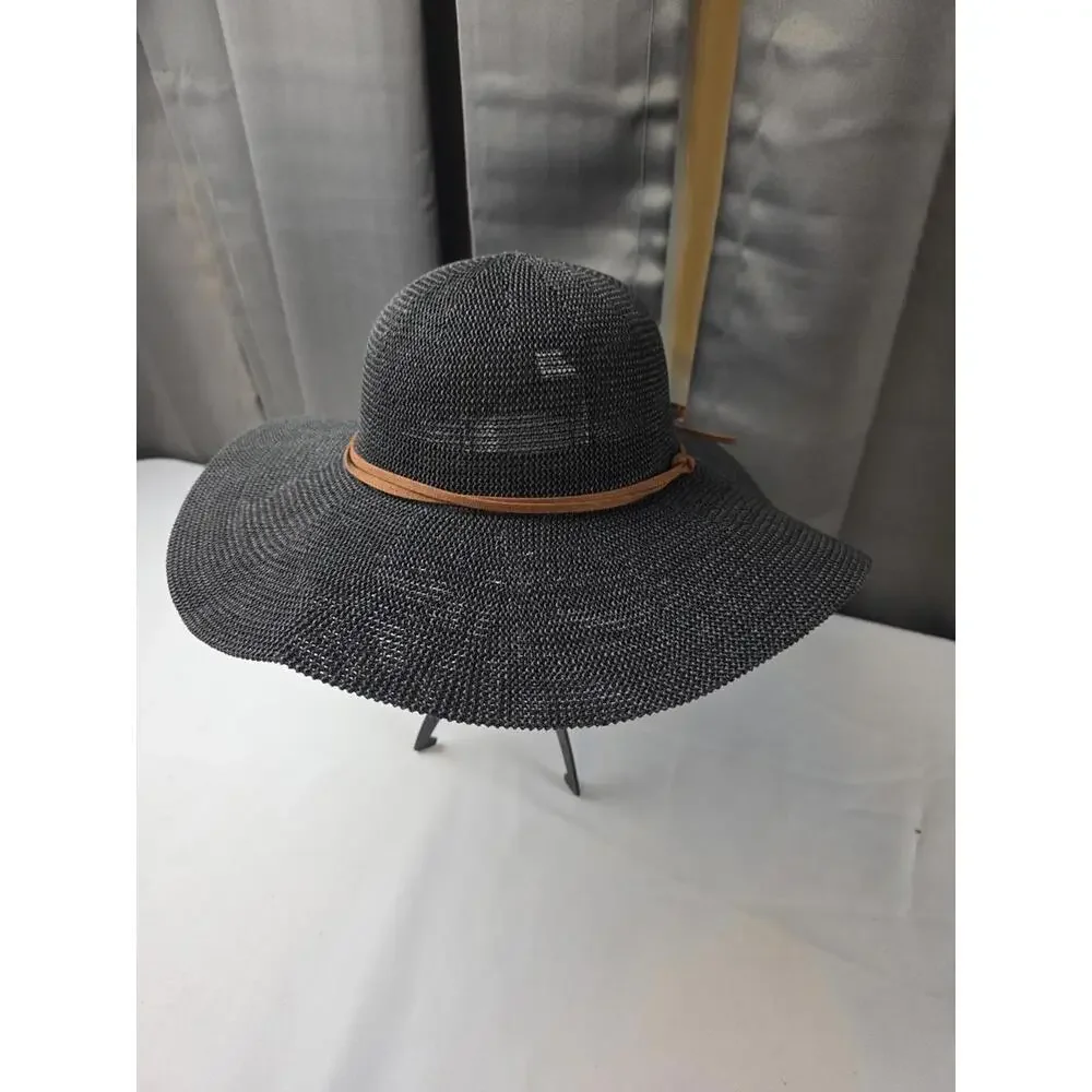 Women's Wide Brim Hat‎ BoHo Festival Brown Faux Leather Band Adjustable EUC